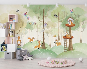 Fox Forest Nursery Mural: Woodland Peel and Stick Wallpaper