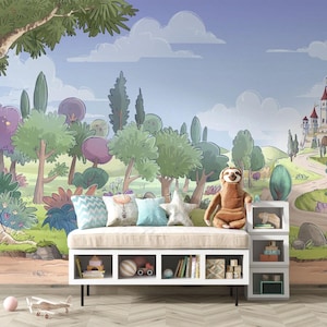 Castle in the forest wall mural | Fairy tale kid's bedroom and nursery wallpaper, self adhesive peel-and-stick wallmural