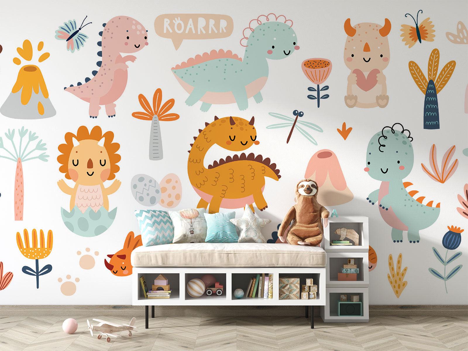 Dino Buddies Wall Mural: Pastel Dinosaur Wallpaper for Nursery & Kids ...