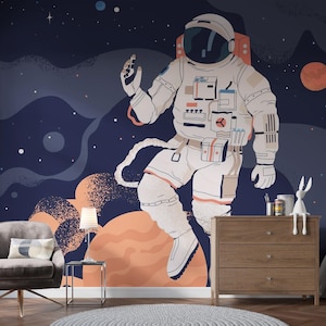 Astronaut in space wall mural - Cosmic wall decor for boy&#39;s bedroom, removable self adhesive wallpaper