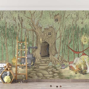 Enchanted Forest Tree House Wall Mural – Whimsical fairy tale wall decor for kid&#39;s bedroom or nursery, removable peel and stick wallpaper