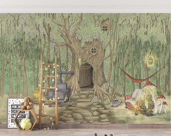 Enchanted Forest Tree House Wall Mural – Whimsical fairy tale wall decor for kid&#39;s bedroom or nursery, removable peel and stick wallpaper