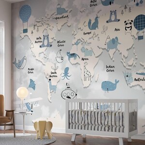 Weltkarte Wandbild – Lustige und lehrreiche Wanddekoration für Kinderzimmer, Kinderzimmer, Tapete schälen und aufkleben