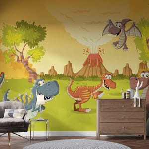 Cartoon dinosaurs wall mural | Colorful Dino Wall Decor for Kids&#39; Bedroom or Nursery, Custom Peel and Stick Wallpaper