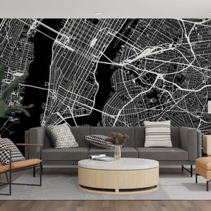 Schwarzweiße Stadt Karte Wandbild | Tapete abziehen und aufkleben