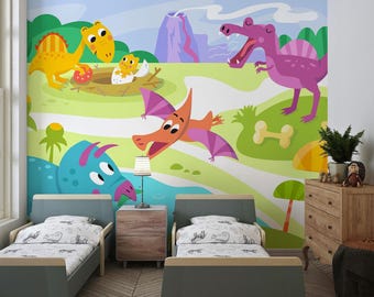 Dino Playground Wall Mural – Colorful Kids' Room Wallmural | Self Adhesive Peel And Stick Wallpaper