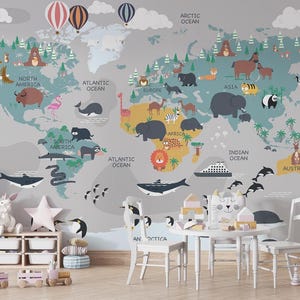 Mural de pared con mapa del mundo para niños: decoración educativa con mapa de animales para habitaciones infantiles y guarderías, papel tapiz autoadhesivo.