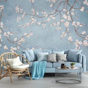 Blue Cherry Blossom Wall Mural: Tranquil Floral Wallpaper (Peel and Stick)