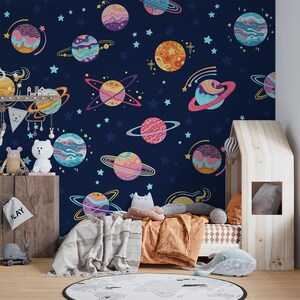 Colourful Planets Wall Mural – Galaxy Wall Decor for Kids Bedroom Or Nursery, Custom Peel And Stick Wallpaper