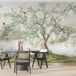 Chinoiserie Garden Wall Mural: Botanical Bird & Tree Landscape