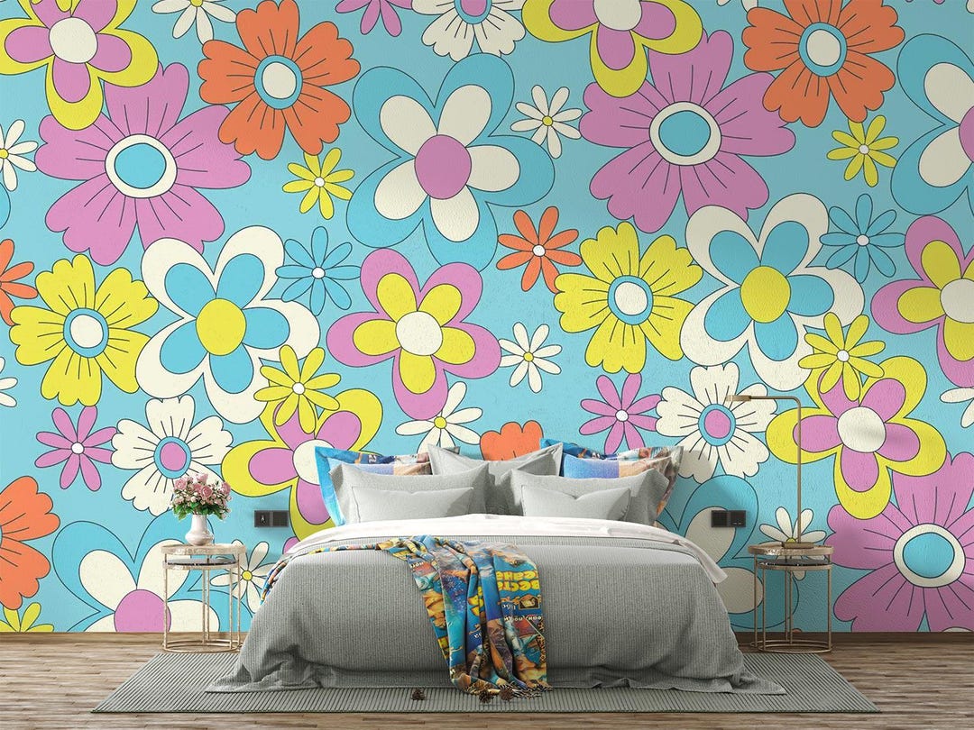 Retro Floral Wallpaper Mural | Peel and Stick Wall Decor - Etsy