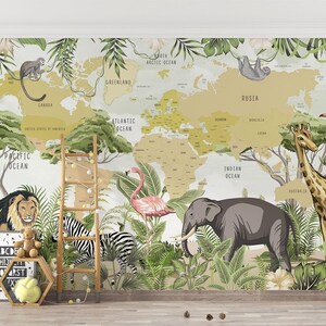 Papier peint carte du monde Safari | Décoration murale animalière éducative pour chambre d'enfant ou de chambre d'enfant, papier peint amovible autocollant