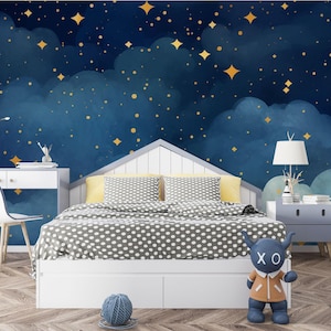 Night sky wall mural | Ideal for kid&#39;s room or nursery wall decor, custom peel and stick wallpaper