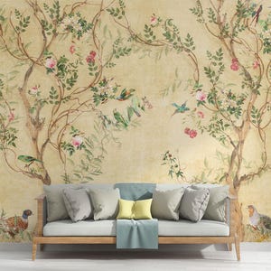 Vintage Chinoiserie Wall Mural – Botanical wall decor for bedroom and living room, custom peel and stick wallpaper