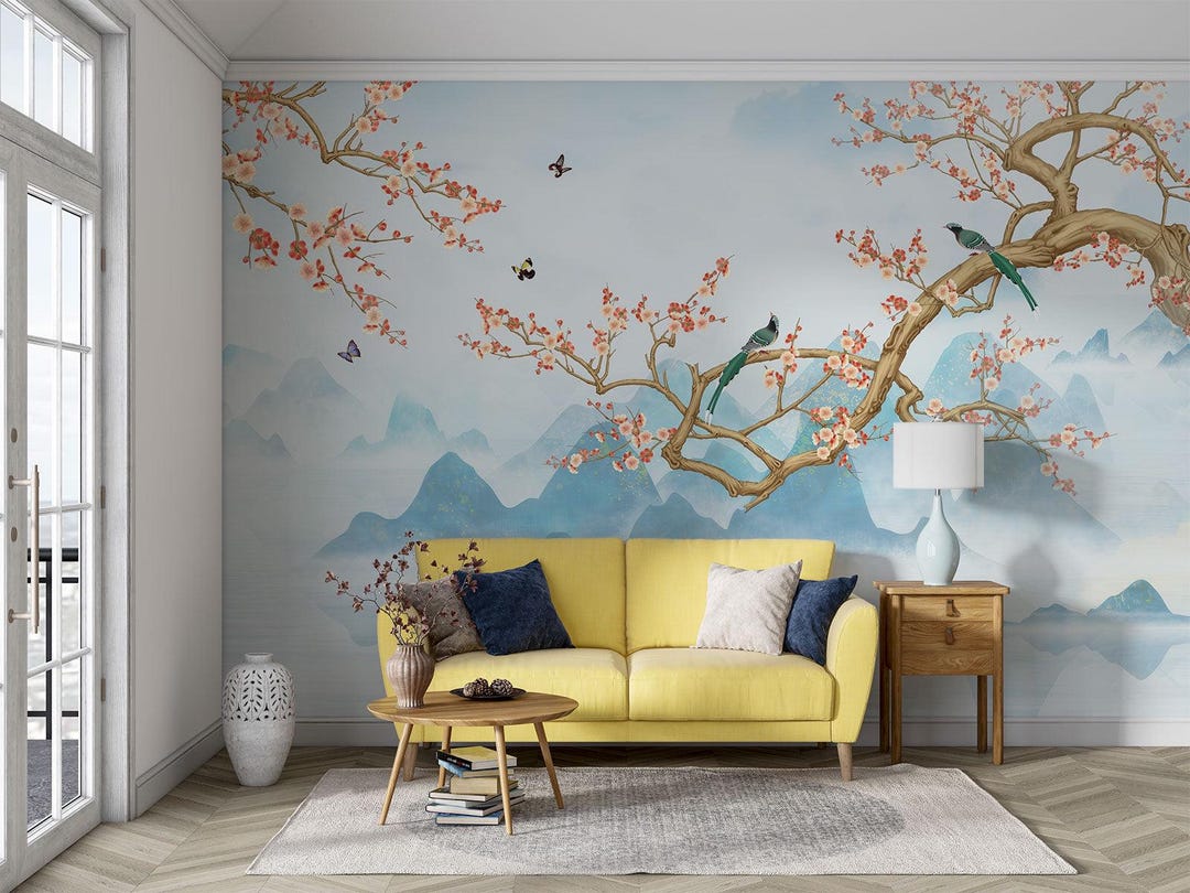 Chinoiserie Cherry Blossom Wall Mural: Elegant Asian Decor - Etsy