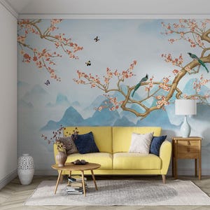 Chinoiserie Cherry Blossom Wall Mural: Elegant Asian Decor