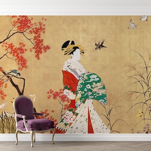 Gold Geisha Wallpaper Mural: Japanese Ukiyo-e Wall Decor (Peel and Stick)