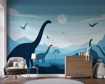 Blue Dinosaur Wall Mural | Prehistoric Landscape Wall Art,  Peel and Stick Boys Room Decor