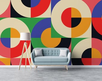 Bauhaus Geometric Wallpaper Mural | Colorful Peel and Stick Wall Decor