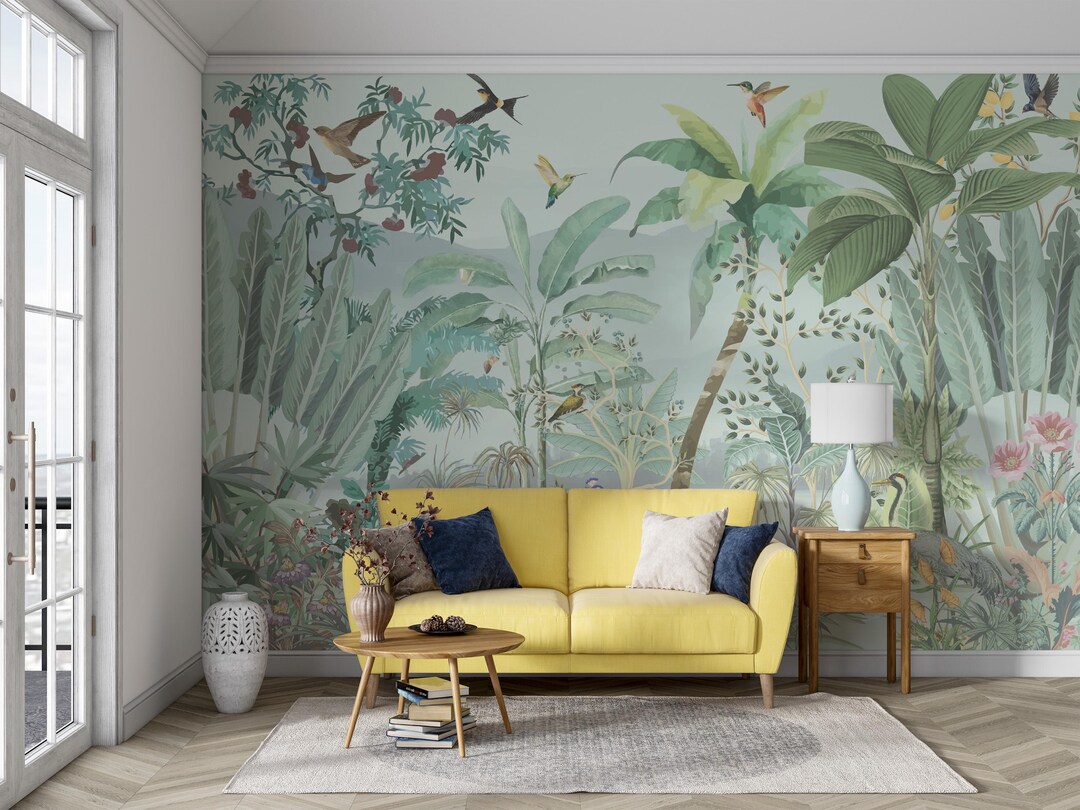Exotic Birds Jungle Mural: Tropical Peel and Stick Wallpaper - Etsy