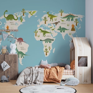 Dinosaurier Weltkarte Wandbild – Lehrreiche prähistorische Wanddekoration für Kinderzimmer, abnehmbare Tapete