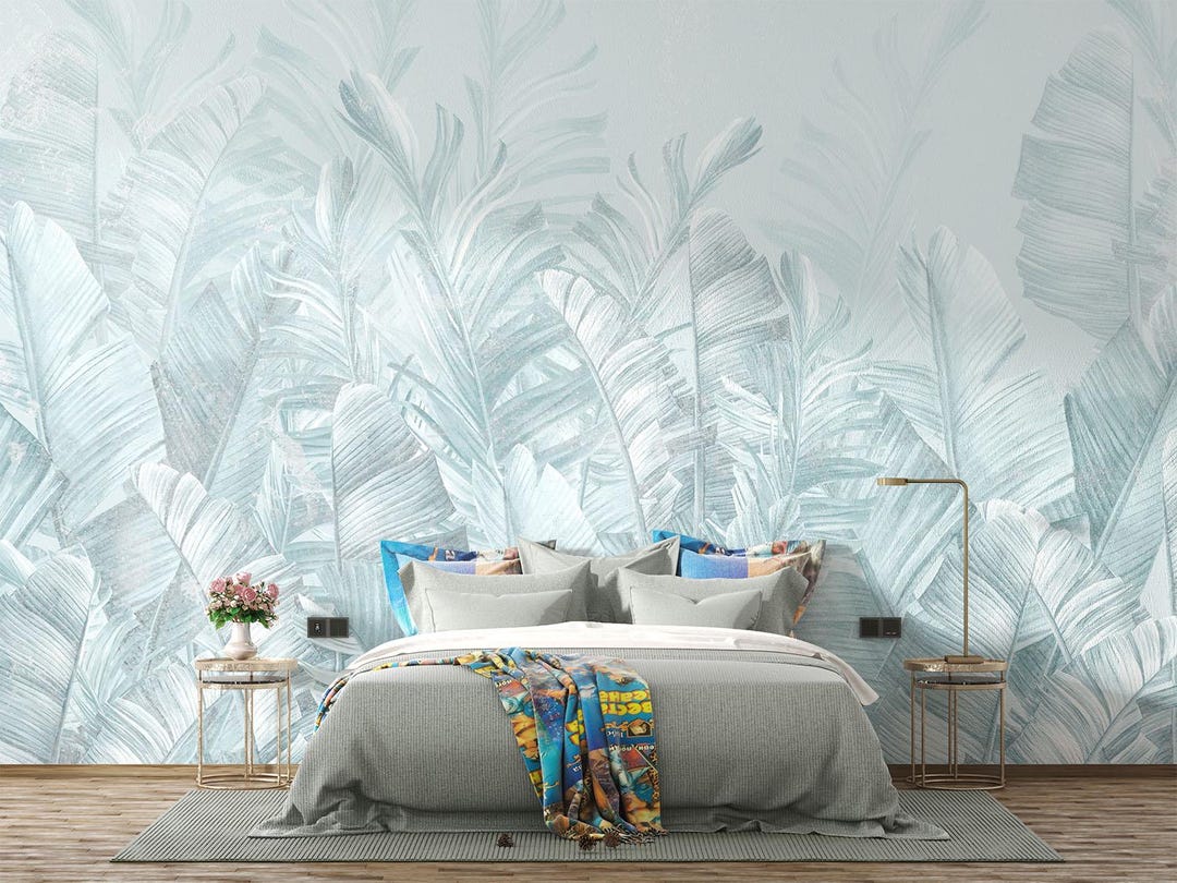 Blue Palm Leaf Wall Mural: Tropical Peel and Stick Wallpaper - Etsy