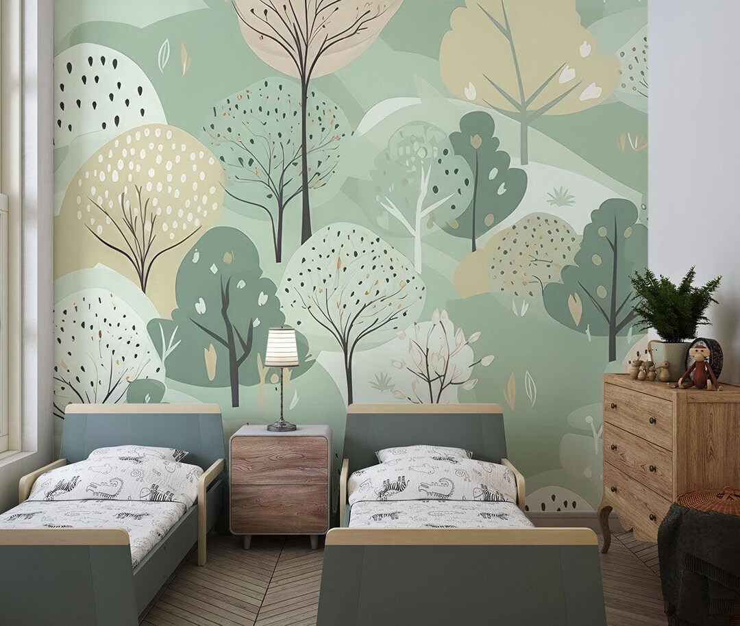 Green Forest Wallpaper Mural | Peel-and-stick Wallmural | Kid's Room ...