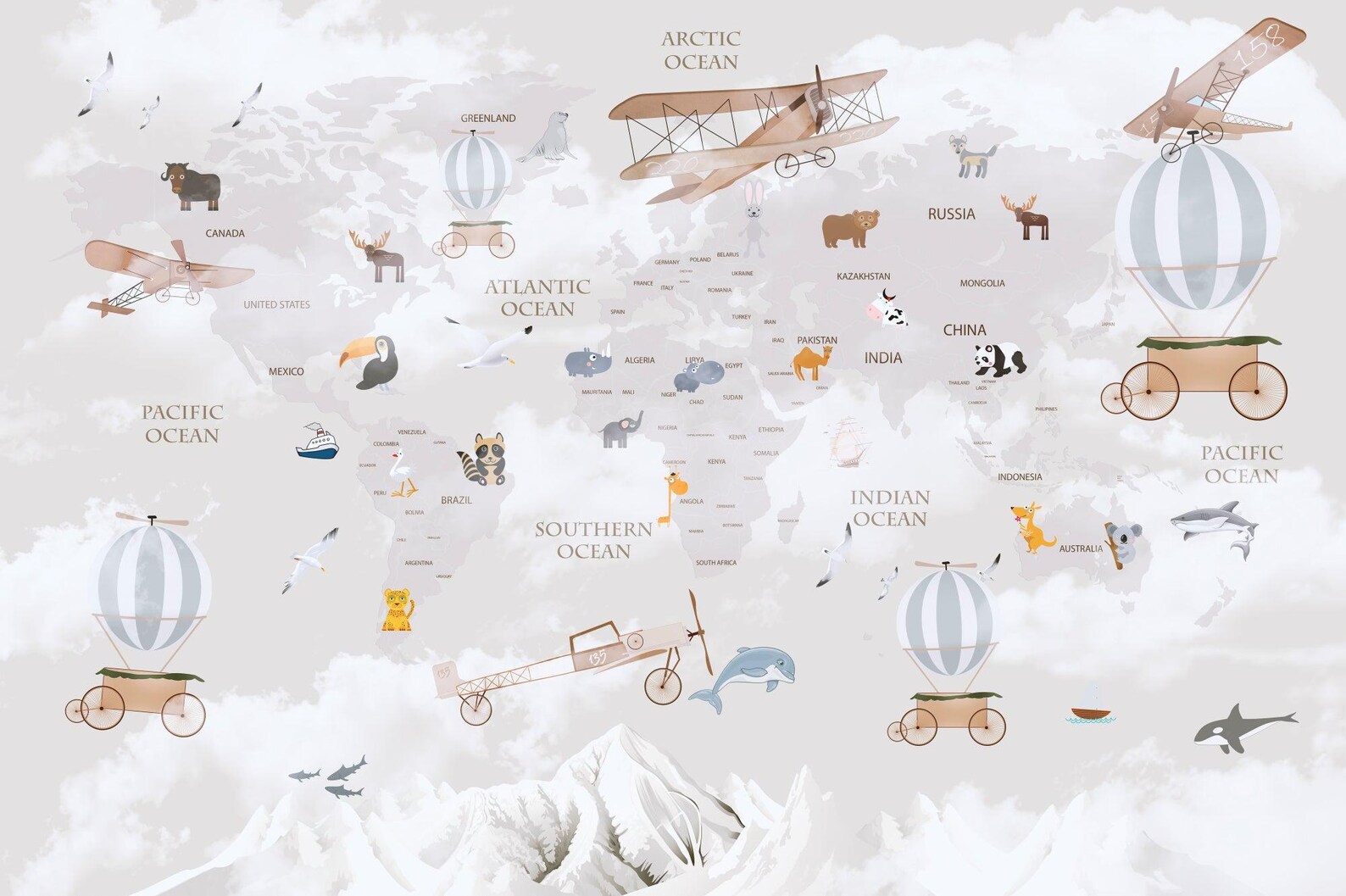 Animals World Map Wallpaper Mural: Kids Nursery & Playroom Wall Decor ...