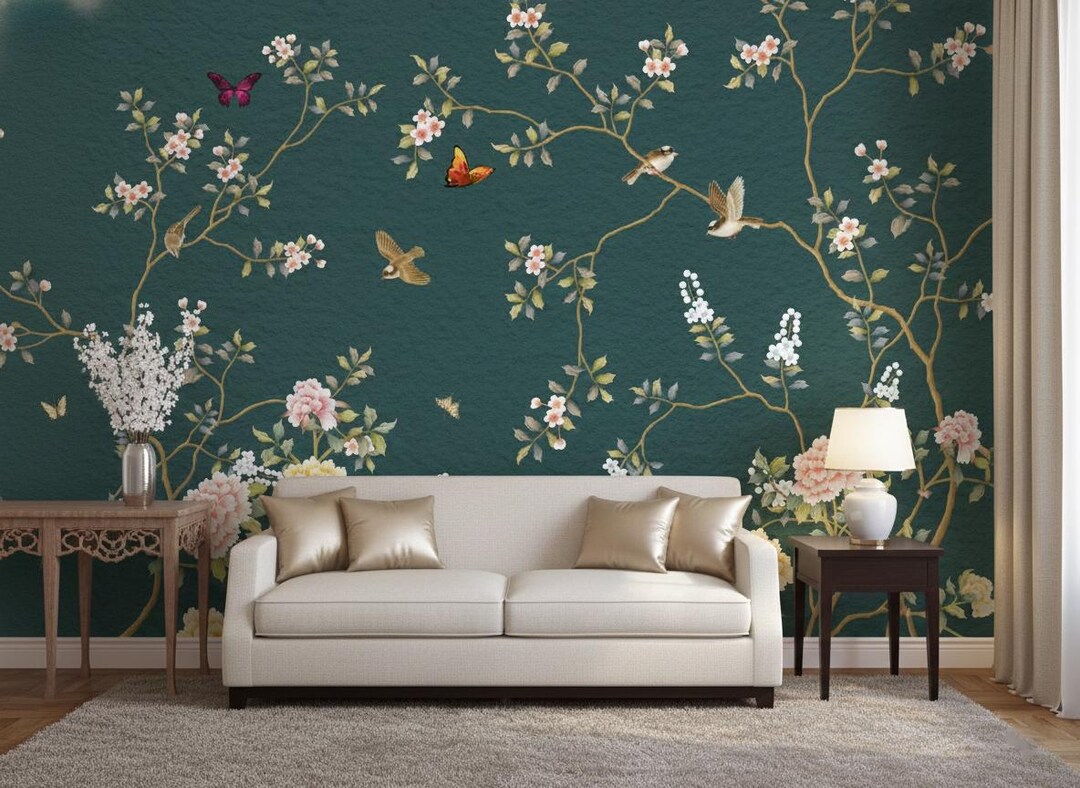 Emerald Green Wallpaper | Vintage Floral Bird Art, Peel and Stick Wall ...