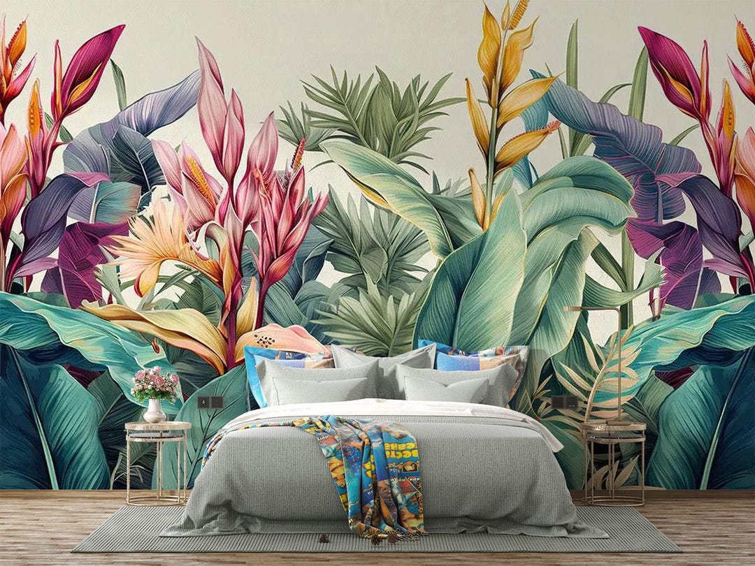 Tropical Leaves Wall Mural | Colorful Peel and Stick Wallpaper - Etsy