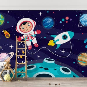 Custom Space Wall Mural – Astronaut And Planets Kids Room, Nursery or Playroom Wall Decor; Custom Peel and Stick Wallpaper