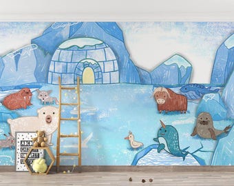 May include: A blue and white illustrated wall mural depicting an arctic scene with animals like a polar bear, walrus, musk ox, and a narwhal. The mural also features an igloo and icebergs.