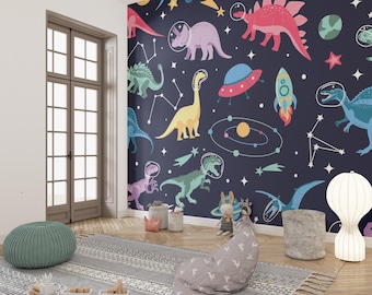Dinosaur Astronauts Wall Mural | Rocket Ship Nursery Decor, Peel and Stick Galaxy Wallpaper