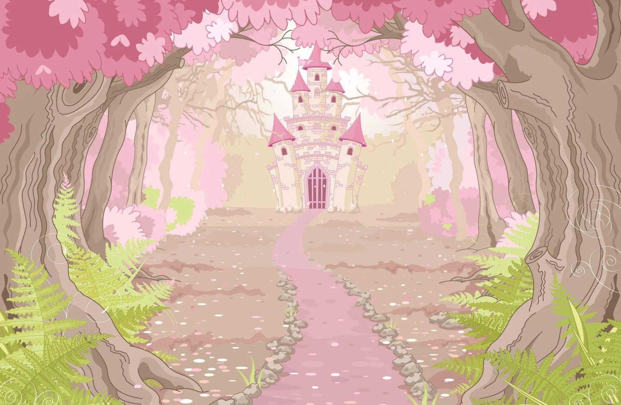 Pink Castle Forest Wall Mural - Kids Nursery Decor, Removable Wallpaper ...