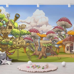 Fantasy Treehouse Wall Mural – A Magical Forest Wallmural For Kid's Room Or Nursery | Removable Self Adhesive Wallpaper