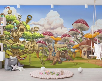 Fantasy Treehouse Mural: Magical Forest Wallpaper for Kids Room