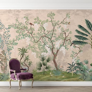 Chinoiserie Botanical Wall Mural – Botanical landscape wallpaper with birds and trees, elegant oriental mural for bedroom or living room