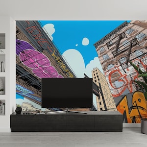 Urban Cityscape Wall Mural: Comic Book Graffiti Street Art