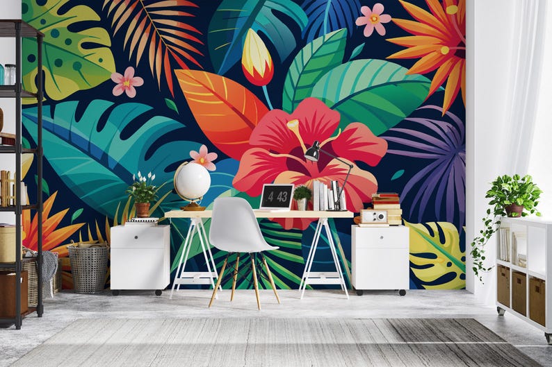 Tropical Botanical Wallpaper Mural | Vibrant Navy Peel and Stick Wall ...
