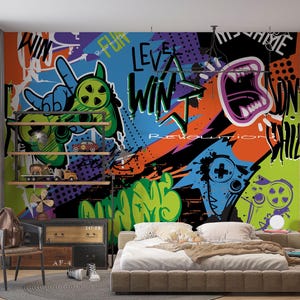 Gamer Graffiti Wall Mural: Peel and Stick Kids Room Decor