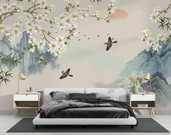 Chinoiserie Magnolia Tree Wall Mural | Oriental Landscape Wallpaper, Custom Peel & Stick Decor