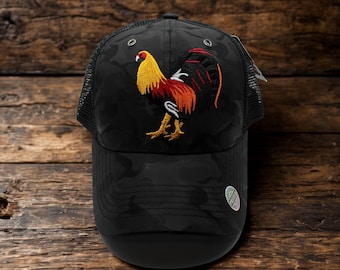 Rooster Baseball Black Hat. Gorra del Gallo. Embroidered Rooster Hat. Adjustable Unisex Gallo Cap. Rooster Gift. El Gallo mesh back Hat