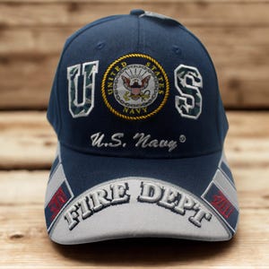 U.S. Navy & Fire Dept Tribute Hat. U.S. Navy Military Hat. US Navy Hat. Embroidered Navy Trucker Hat. Navy Blue Cap with Embroidered Seal