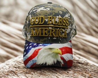 USA Baseball Cap with God Bless America and American Flag. Patriotic Hat. American Bald Eagle Hat. USA Camo Hat. USA Eagle Cap. Veteran Hat