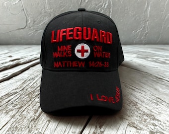Gorra de socorrista cristiana. Gorra negra con Jesús camina sobre el agua: regalo inspirador con versículo bíblico. Gorra cristiana para hombre. Gorra de Jesús. Gorra de socorrista.