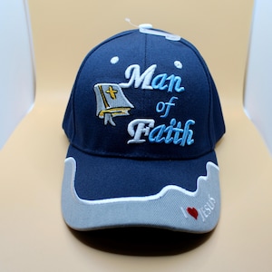 Man of Faith Blue Hat– Christian Inspirational Hat with Bold Faith Message. Faith-Based Accessories, Unisex Casual Wear. Christian Gift