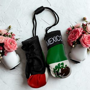 May include: A pair of miniature boxing gloves hanging from a black cord. One glove features the green, white, and red colours of the Mexican flag with the word MEXICO printed in white and a central eagle emblem. The other glove is black, white, and red.