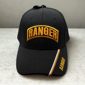 US Army Ranger Military Hat – Black Embroidered Army Ranger Cap with Yellow Patch & Accent Stitching. Adjustable Unisex Cap. Ranger Army hat