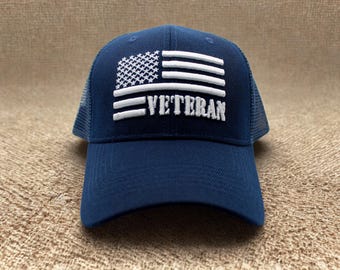 Veteran American Flag Hat.  Blue USA Hat. American Flag Cap. Patriotic Mesh Back Hat. USA Pride Cap. Freedom Hat. Veteran Gift. USA Flag Cap