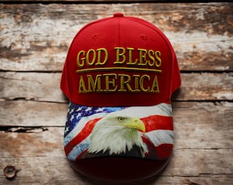 Gorra de béisbol de EE. UU. con el lema "Dios bendiga a Estados Unidos" y la bandera estadounidense. Gorra patriótica. Gorra con el águila calva americana. Gorra roja de EE. UU. Gorra con el águila de EE. UU. Gorra de veterano.